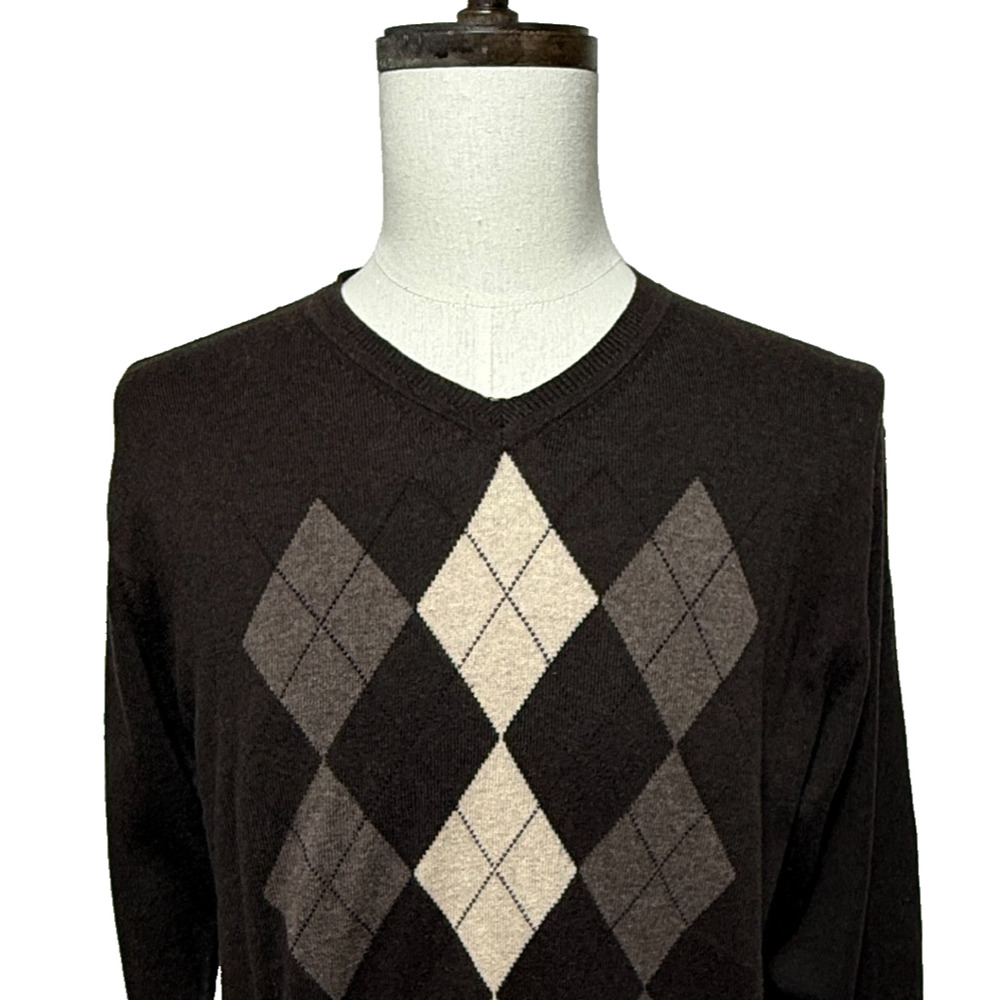 Sebastian Cooper Sweater Mens Cashmere Blend‎ Large Brown Tan Argyle Preppy